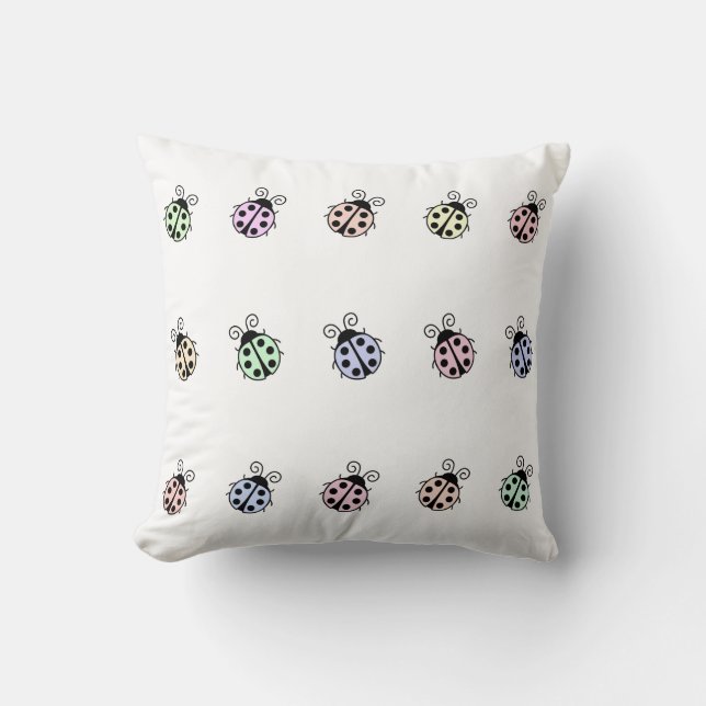 Ladybugs Pastel Multicolor Pattern on White Throw Pillow (Front)
