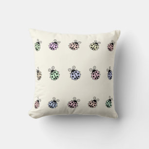 Ladybugs Pastel Multicolor Pattern on Yellow Throw Pillow