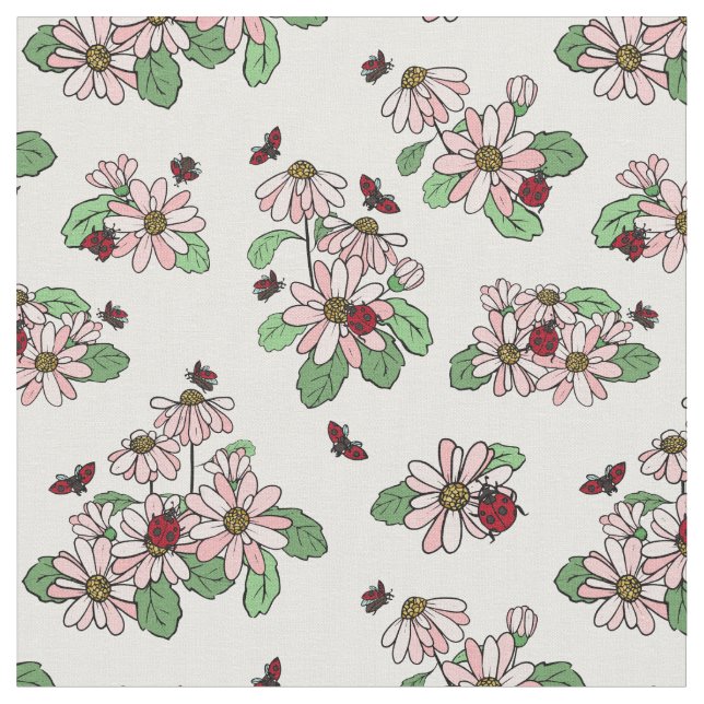 Ladybugs & Pink Daisies Floral Pattern Fabric (Close Up)