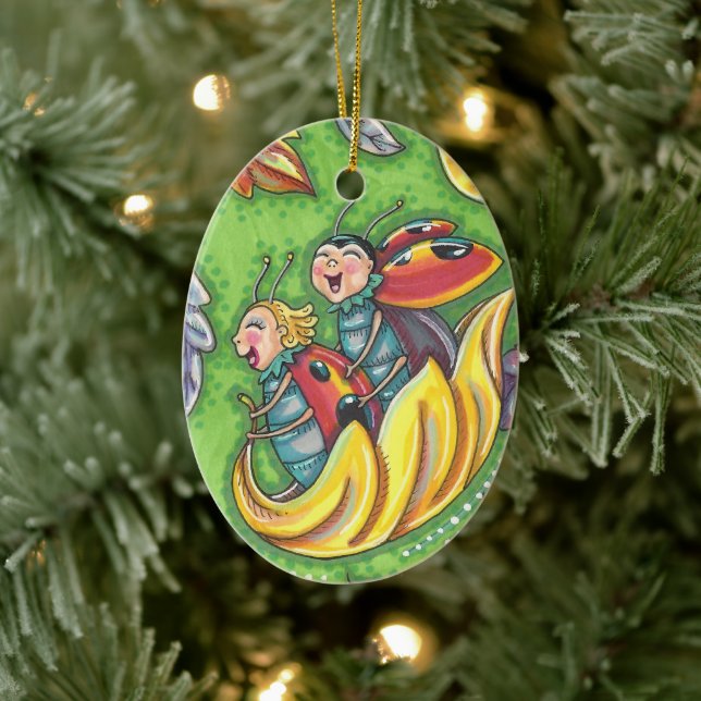 LADYBUGS RIDING ON FALLING AUTUMN LEAVES, FUN BUG CERAMIC ORNAMENT (Tree)