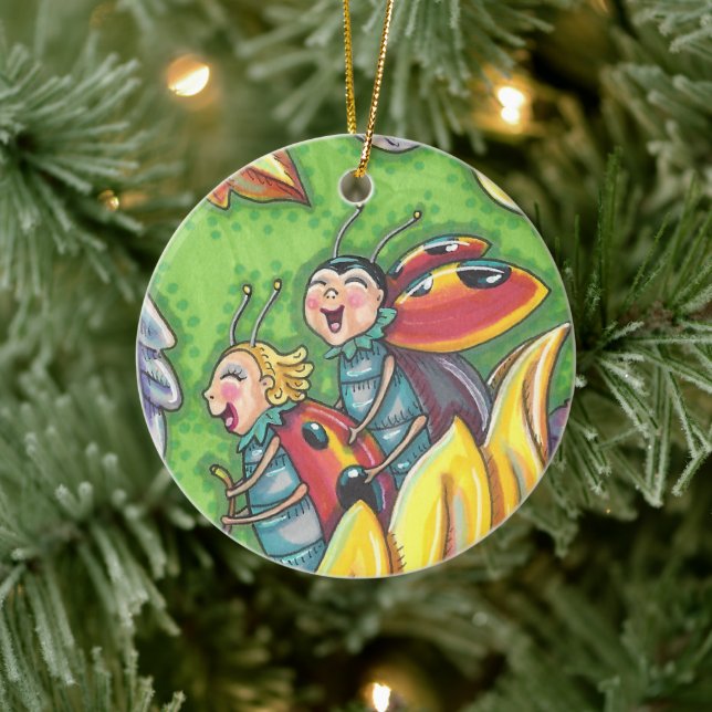 LADYBUGS RIDING ON FALLING AUTUMN LEAVES, FUN BUG CERAMIC ORNAMENT (Tree)