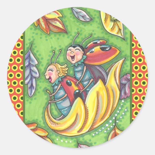 LADYBUGS RIDING ON FALLING AUTUMN LEAVES, FUN BUG CLASSIC ROUND STICKER (Front)