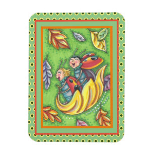 LADYBUGS RIDING ON FALLING AUTUMN LEAVES, FUN BUG MAGNET