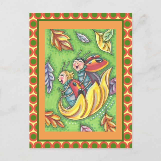 LADYBUGS RIDING ON FALLING AUTUMN LEAVES, FUN BUG POSTCARD (Front)