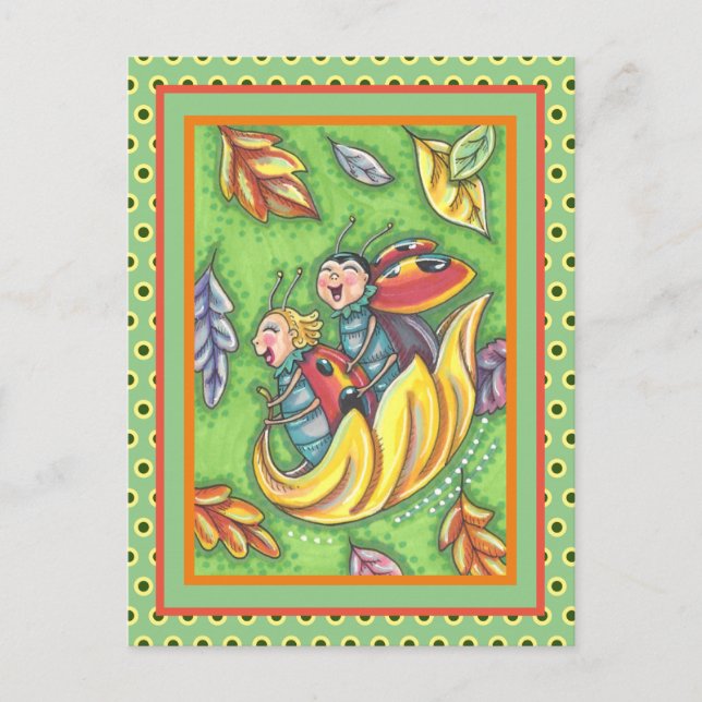 LADYBUGS RIDING ON FALLING AUTUMN LEAVES, FUN BUG POSTCARD (Front)