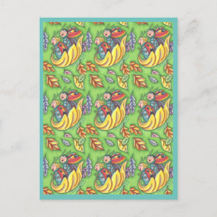 LADYBUGS RIDING ON FALLING AUTUMN LEAVES, FUN BUG POSTCARD