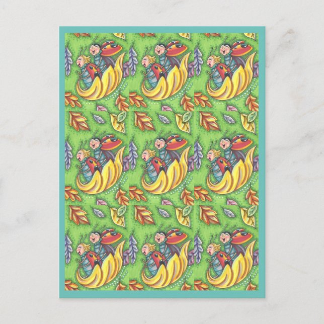 LADYBUGS RIDING ON FALLING AUTUMN LEAVES, FUN BUG POSTCARD (Front)