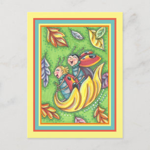 LADYBUGS RIDING ON FALLING AUTUMN LEAVES, FUN BUG POSTCARD