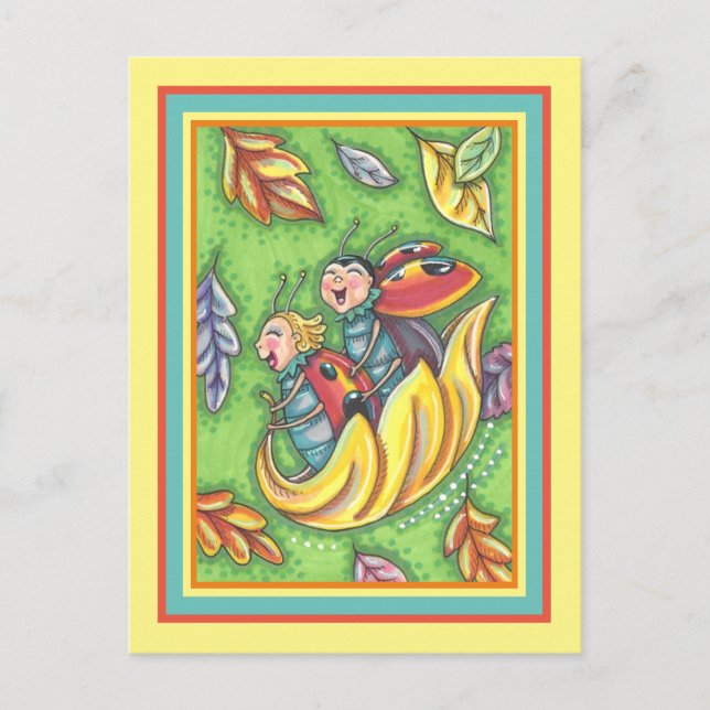 LADYBUGS RIDING ON FALLING AUTUMN LEAVES, FUN BUG POSTCARD (Front)