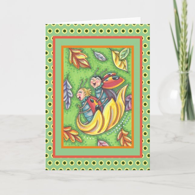 LADYBUGS RIDING ON FALLING AUTUMN LEAVES, FUN BUG THANK YOU CARD (Front)