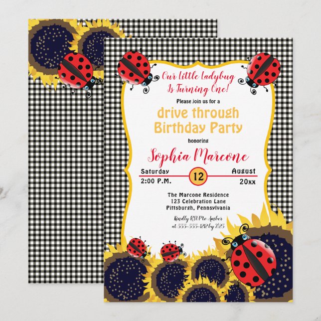 Ladybugs Sunflowers 1st Drive Thru  Birthday Party Invitation (Front/Back)