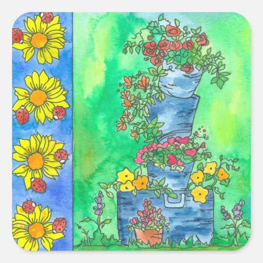Ladybugs Sunflowers Buckets of Watercolor Flowers Square Sticker