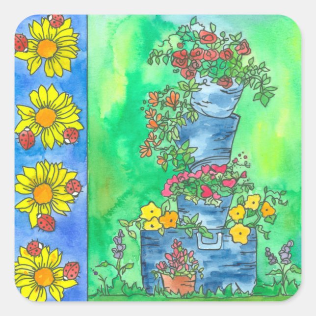 Ladybugs Sunflowers Buckets of Watercolor Flowers Square Sticker (Front)