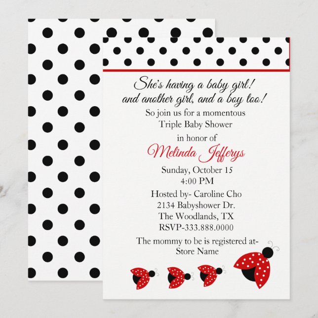 Ladybugs Triplets Baby shower Invitation (Devant / Derrière)
