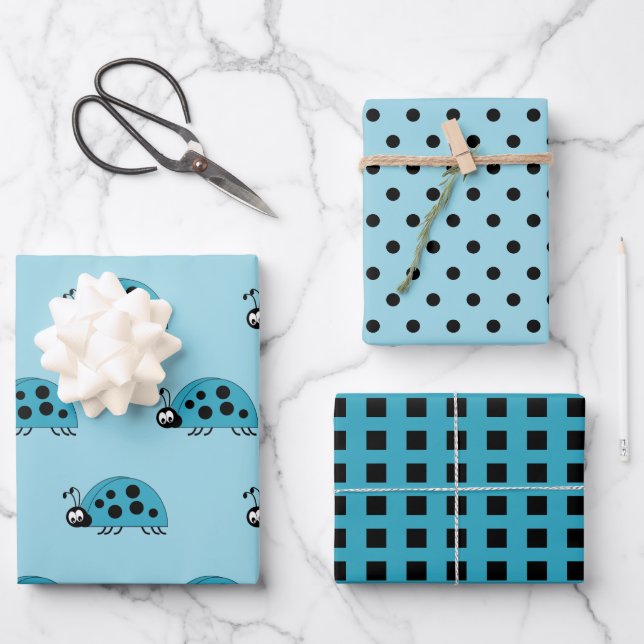 Ladybugs turquoise and black dots and squares wrapping paper sheet (Front)