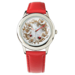Ladybugs White Pearls Enamel Flowers Gold Watch