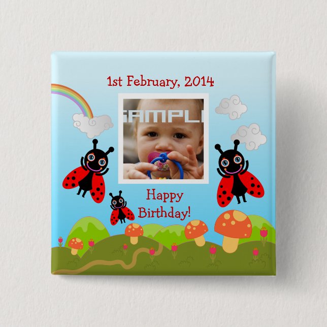 Ladybugs wishing happy birthday with photo 2 inch square button (Front)