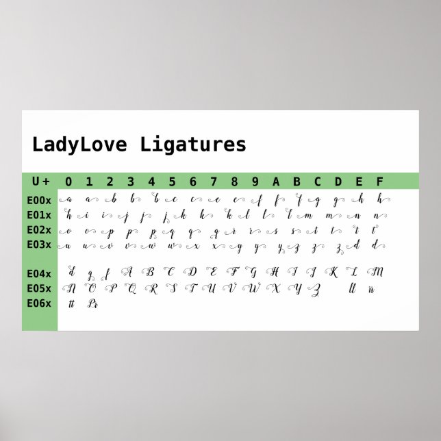LadyLove Font Ligatures Chart (Front)
