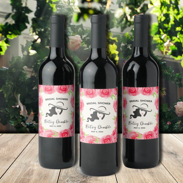 Lady's Hat & Roses Derby Bridal Shower Wine Labels (Creator Uploaded)