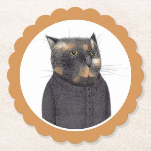 LADY'S MAID CAT Scalloped Round Paper Coasters 