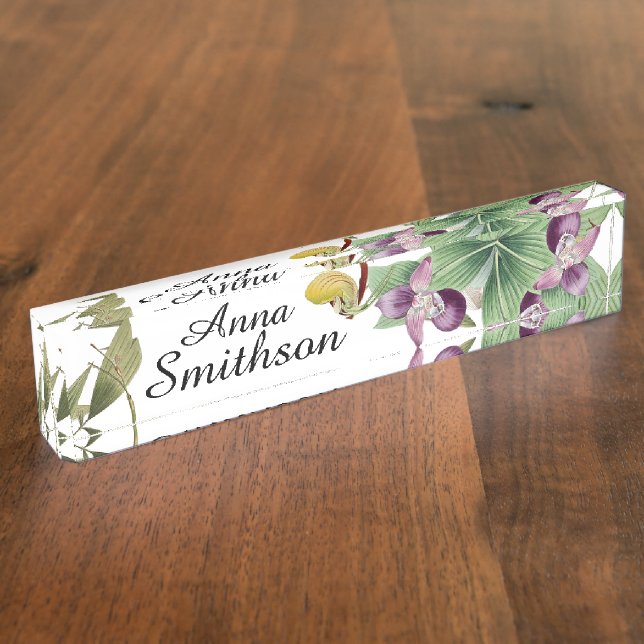 Ladys Slipper Orchid Flower Leaves Desk Name Plate (Side)