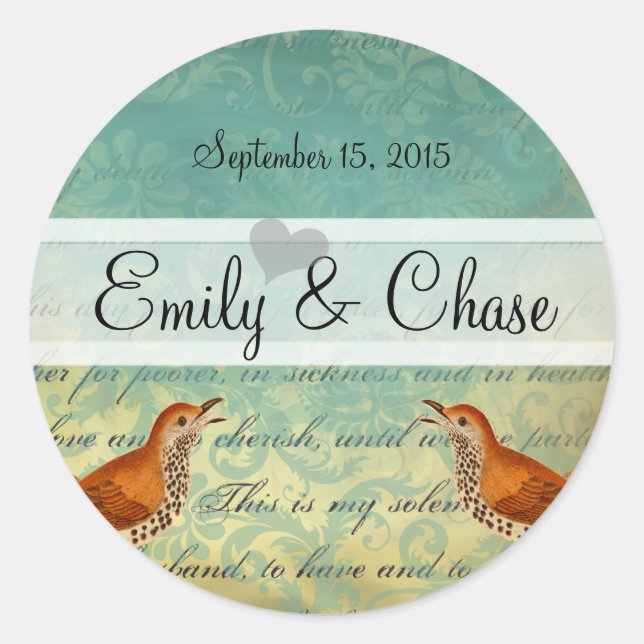 Lagoon & Endive Vintage Love Birds Wedding Sticker (Front)