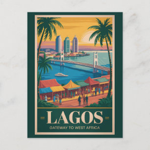 Lagos Nigeria Illustration Travel Art Vintage Postcard