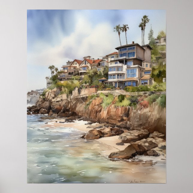 Laguna Beach Watercolor Art Print Poster (Front)
