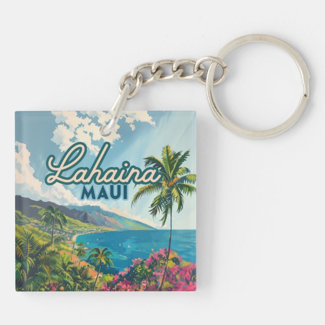 Lahaina Maui Hawaii Beach Coast Retro Keychain (Back)