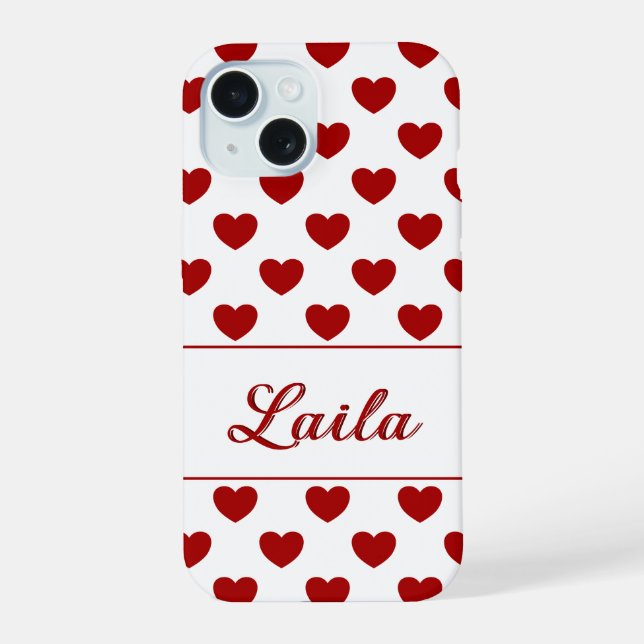 Laila - Custom Name - Red Hearts Polka Dot Pattern iPhone 15 Case (Back)