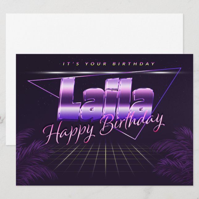 Laila prénom carte rétro lilas pour un anniversair (Devant / Derrière)