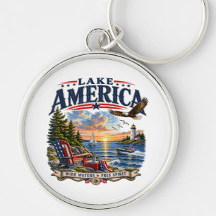 Lake America Sunset Patriotic Eagle Keychain