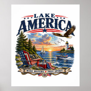 Lake America Sunset Patriotic Eagle Poster