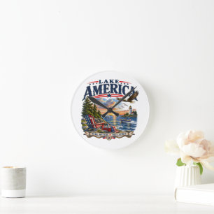 Lake America Sunset Patriotic Eagle Round Clock