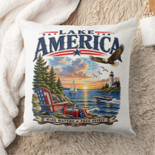 Lake America Sunset Patriotic Eagle Throw Pillow