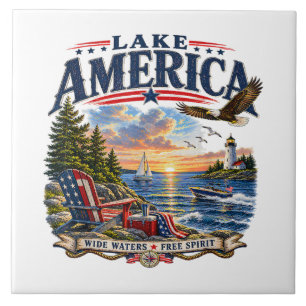Lake America Sunset Patriotic Eagle Tile