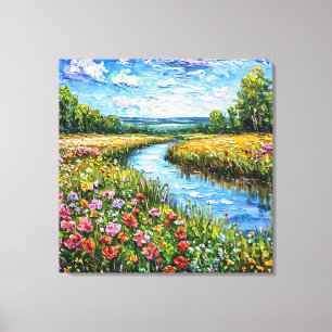 Lake and flowers field oil painting canvas print