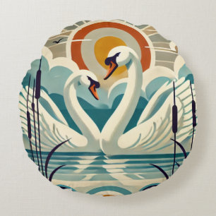 Lake Balaton  with swans  - retro style     Round Pillow