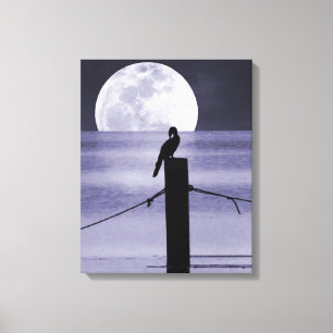 Lake Bird and Full Moon Canvas Art Print