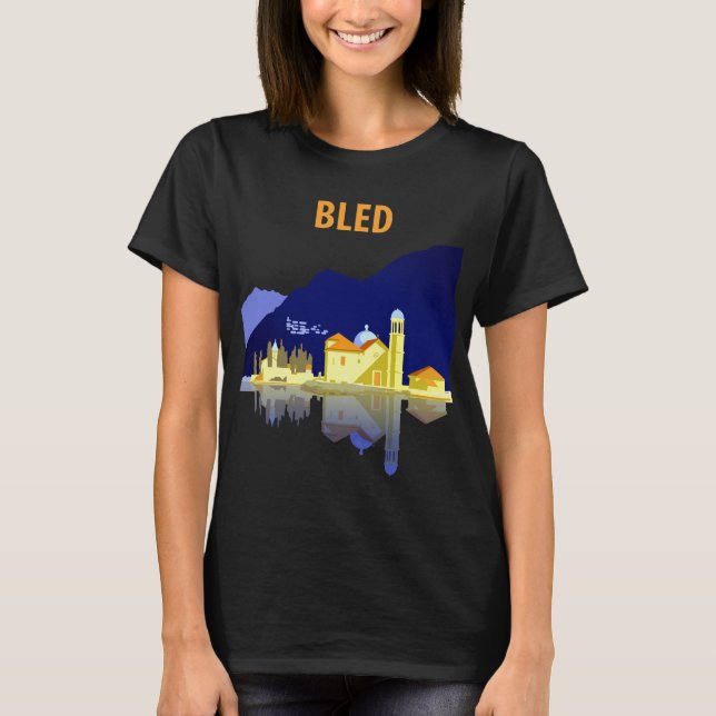 Lake Bled Church Reflection Blue Travel T-Shirt (Front)