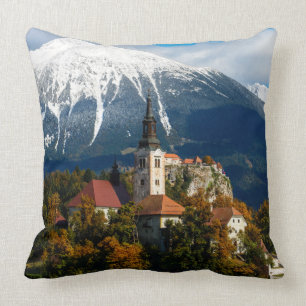Lake Bled landscape in autumn Throw Pillow