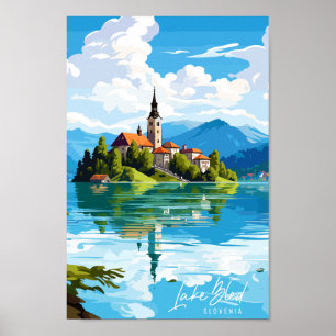 Lake Bled Slovenia vintage travel illustration Poster