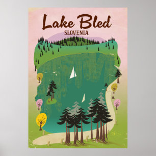 Lake Bled vintage style travel poster Slovenia