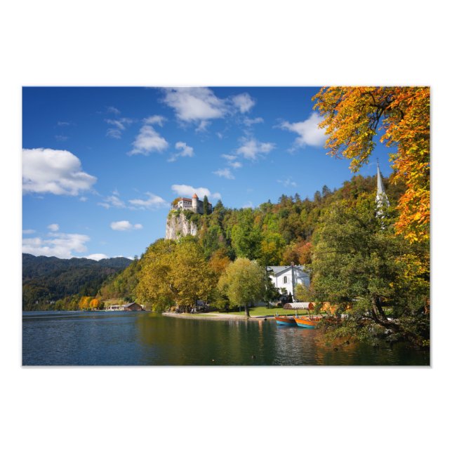 Lake Bled with trees in autumn colours in Slovenia Photo Print (Front)