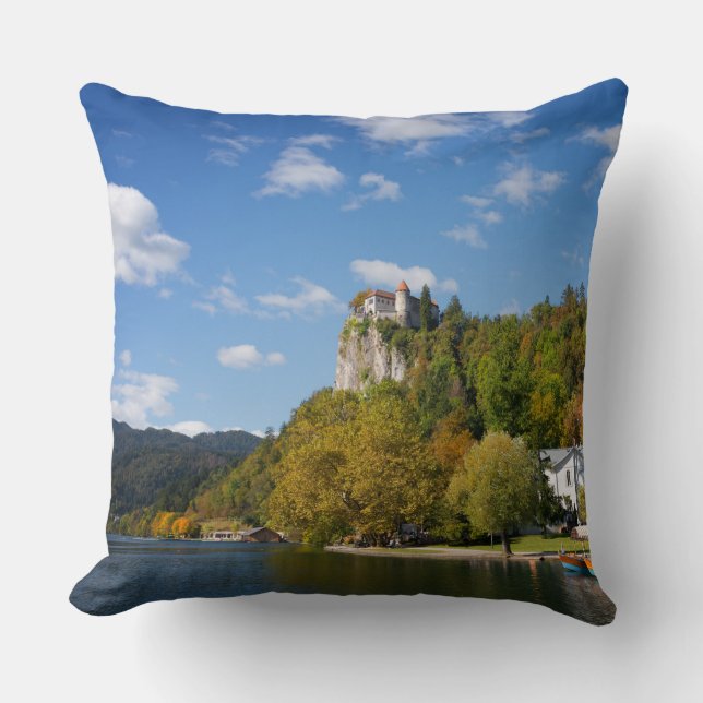 Lake Bled with trees in autumn colours in Slovenia Throw Pillow (Front)