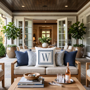 Lake Blue and White Classic Square Monogram Outdoor Pillow