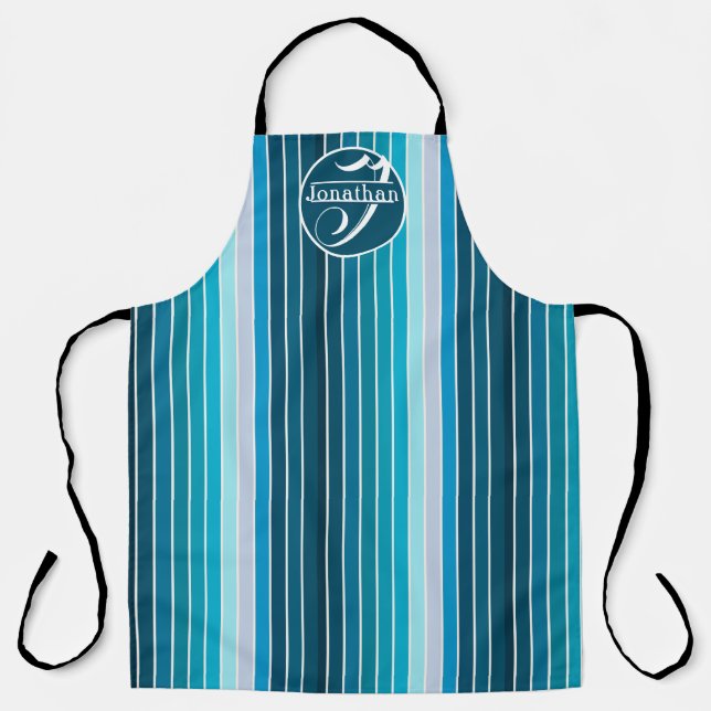 Lake Blue Stripes Navy, Sky Blue, Aqua Monogrammed Apron (Front)