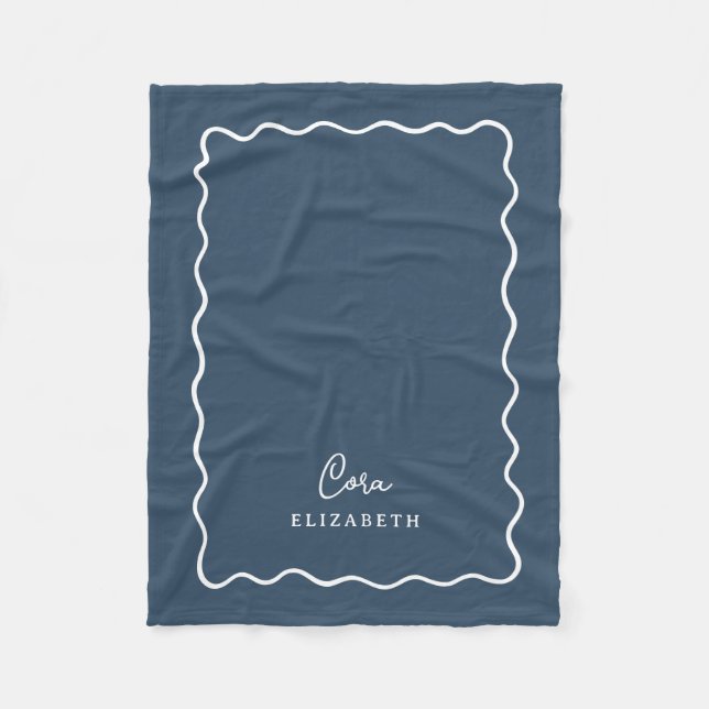Lake Blue Wavy Border Monogrammed Fleece Blanket (Front)
