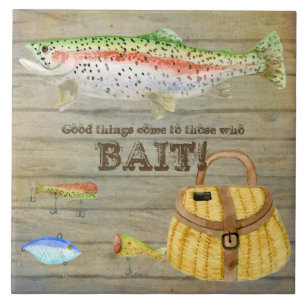 Lake Cabin Trout Fishing Creel Lures Vintage Tile