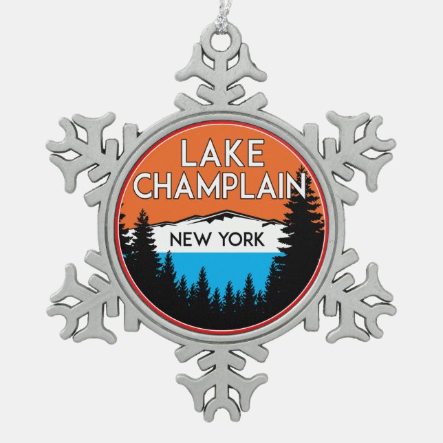 Lake Champlain New York Snowflake Pewter Christmas Ornament (Front)